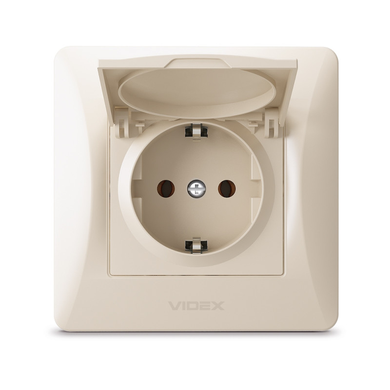 Розетка одинарная с/з и защитной крышкой VIDEX Binera крем (VF-BNSK1GС-CR)