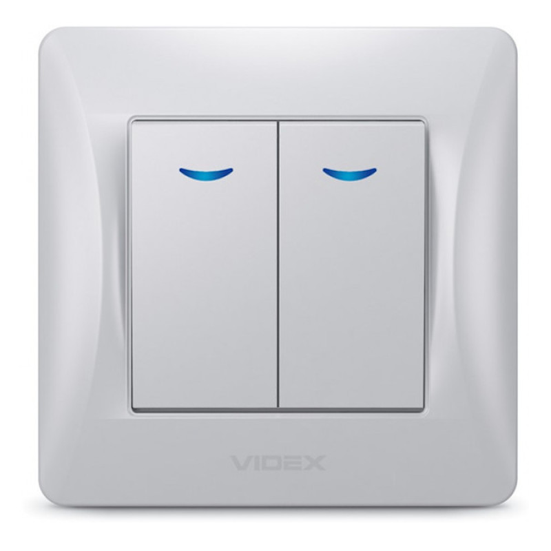 Выключатель двухклавишный с подсветкой VIDEX Binera серебряный шёлк VF-BNSW2L-SS