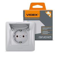 Розетка одинарная с/з и защитной крышкой VIDEX Binera серебряный шёлк (VF-BNSK1GС-SS)