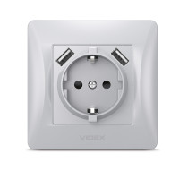 Розетка одинарная с заземлением +2USB VIDEX Binera серебряный шёлк (VF-BNSK1GU2-SS)