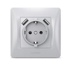 Розетка одинарная с заземлением +2USB VIDEX Binera серебряный шёлк (VF-BNSK1GU2-SS)