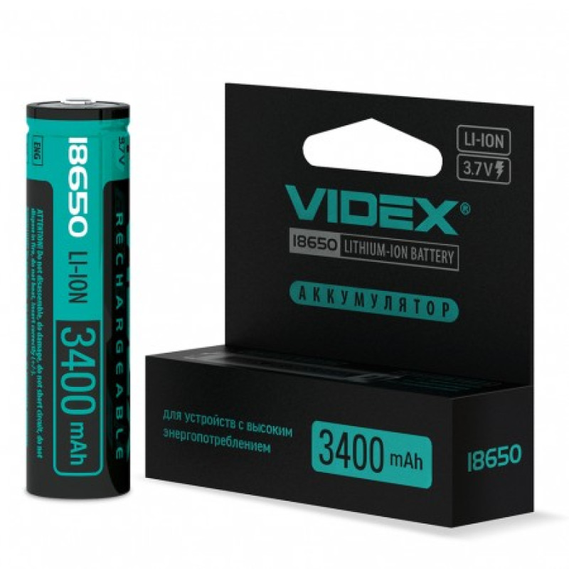 Аккумуляторная батерейка VIDEX Li-lon 18650-P 3400mAh (защита) 1шт  18650-P/3400/1CB