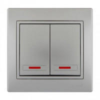 Выключатель двухклавишный с подсветкой MIRA серый металл со вставкой 701-1010-112