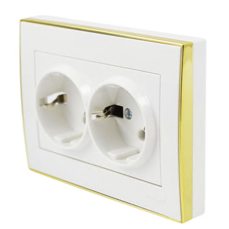 Розетка двойная с/з с боковой вставкой золото LEZARD Rain белая 703-0226-127В 