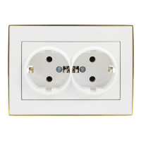 Розетка двойная с/з с боковой вставкой золото LEZARD Rain белая 703-0226-127В 