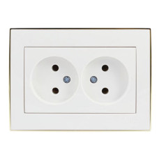Розетка двойная б/з с боковой вставкой золото LEZARD Rain белая 703-0226-128В