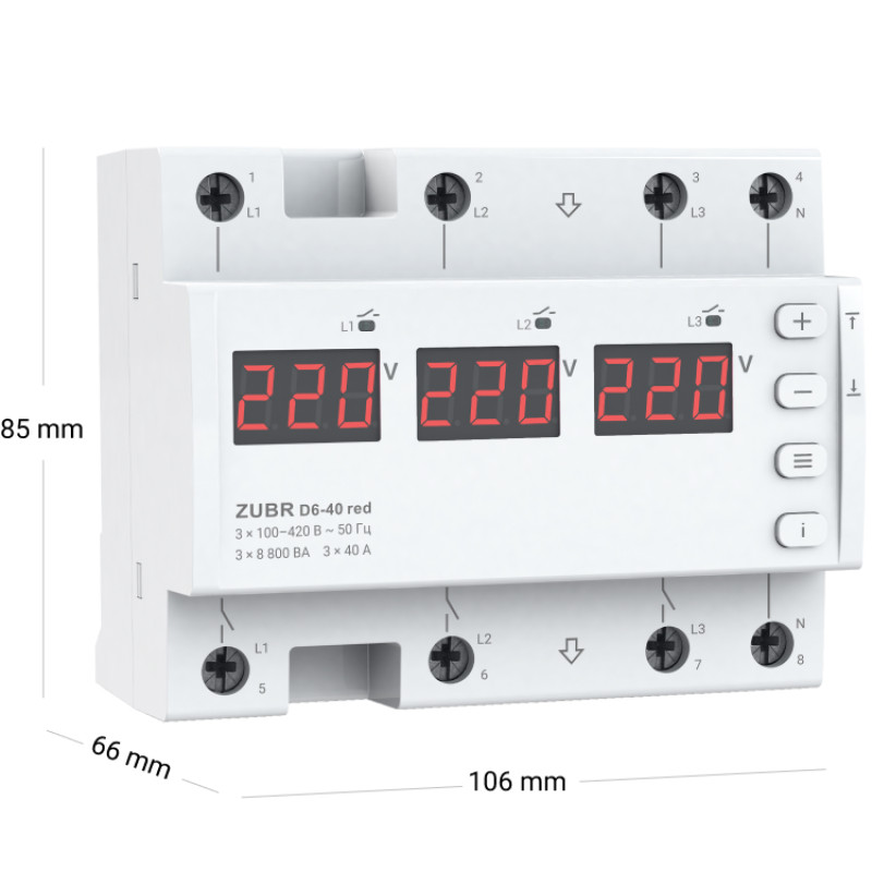 Реле напряжения 3ф 40А D6-40 RED ZUBR 4820120222139