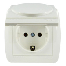 Розетка накладная одинарная с/з и крышкой LEZARD Demet белая IP20 711-0200-123