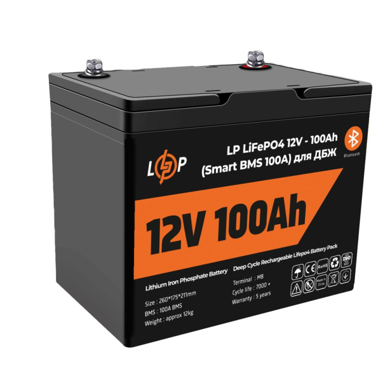 Акумулятор LP LiFePO4 12V (12,8V) - 100 Ah (1280Wh) (Smart BMS 100А) з BT пластик для ДБЖ