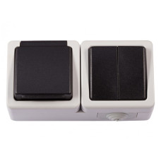 Выключатель 2-й накладной серый + розетка 1-я с/з серый IP65 LUXEL 6533 DEBUT