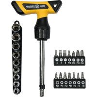 Отвертка реверсивная Т-образная VOREL: трещотка, с насадками и головками 1/4" 25шт (65105)
