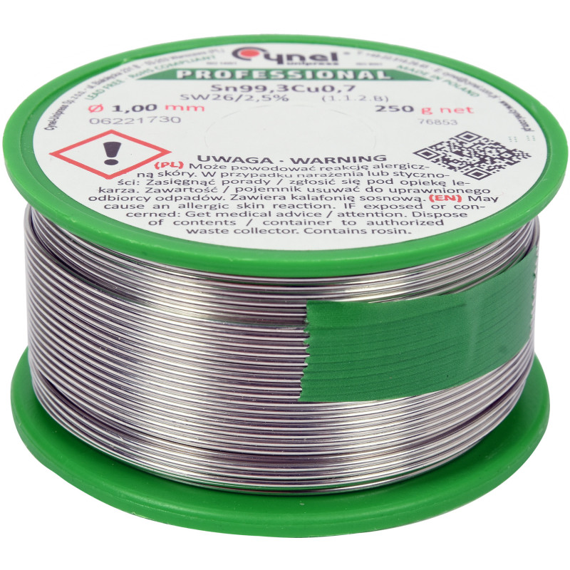 Припой без свинца CYNEL : Ø1 мм, Sn99,3-Cu0,7 проволочный на катушке с флюсом m= 250 г (76853)