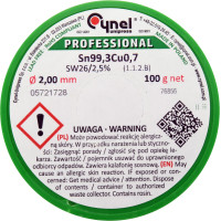 Припій без свинцю CYNEL : Ø2 мм, Sn99,3-Cu0,7 дротяний на котушці з флюсом m= 100 г (76856)