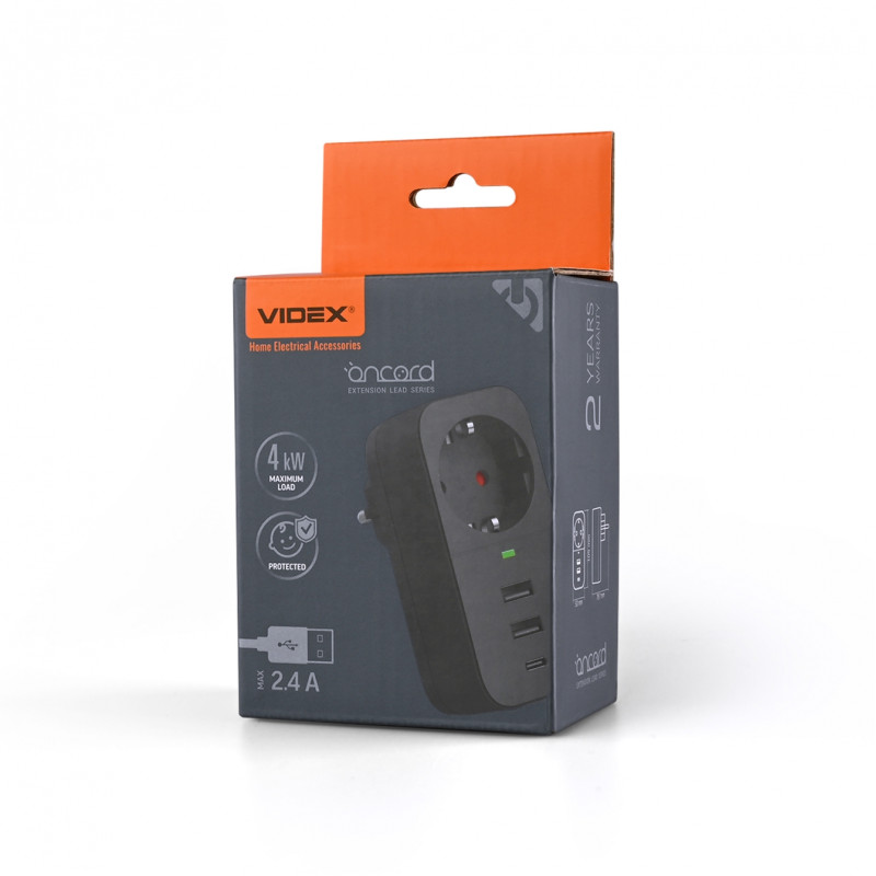 Адаптер сетевой VIDEX ONCORD с/с 1п 2.4A 2USB+USB-C черный (VF-AD1G2U1C-B)