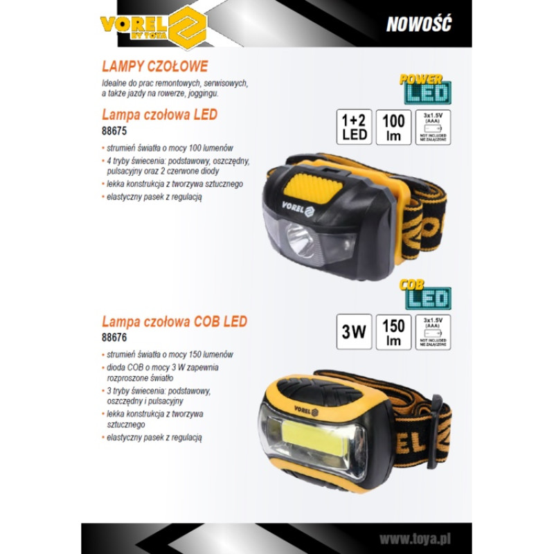 Фонарь на лоб светодиодный VOREL; 2 режима (1+2 LED), 1 Вт, 100 lm, жив/3 ААА батарейки (88675)