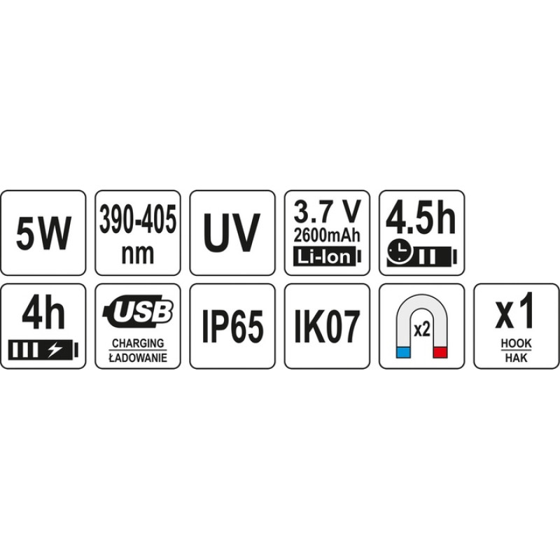 Фонарь ультрафиол. переносной диодный YATO; живл. от Li-Ion аккумул. 3,7V 2600 mAH, 5 Вт, 390-405 нм YT-08500