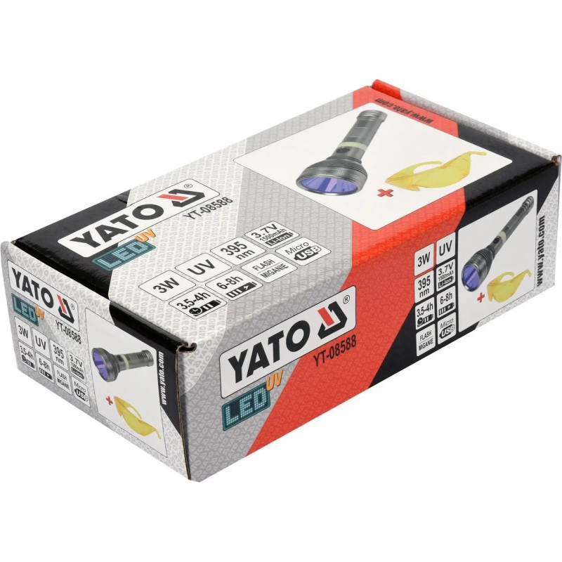 Фонарь ультрафиолетовый с очками, для обнаружения протекания жидкости, проверки банкнот YATO : 3 Вт YT-08588