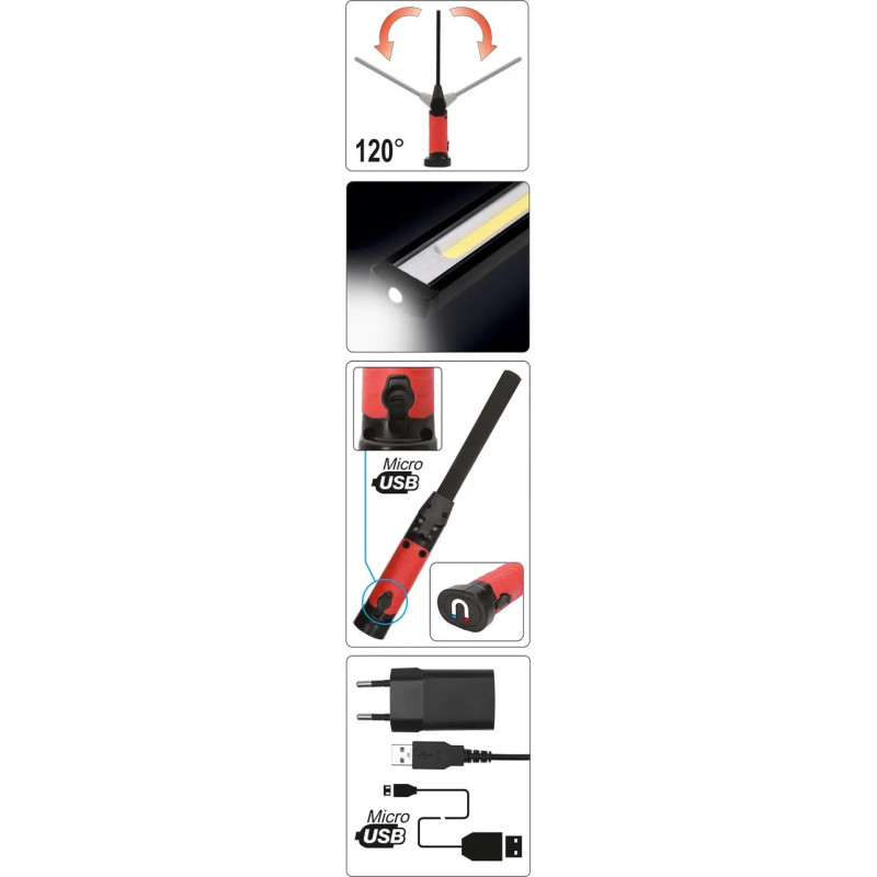 Лампа светодиодная для мастерской YATO; 3.7 В аккумулятор. Li-Ion, 2 режима: 5+3 Вт, 600/260 Lm YT-08518