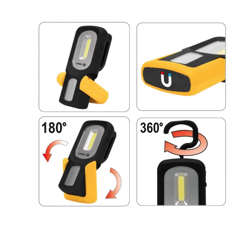 Фонарь COB LED аккумуляторный VOREL: диодный (3Вт) 100Lm, Li-Ion 3.7 В, 800 A/Ч (82723)