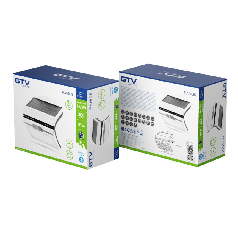 Светильник фасадный RAMOS солнечная панель датчик движения/суток 50W 300lm 3,7V 1800mAh IP44 GTV LD-RAMOS50W-CW-00
