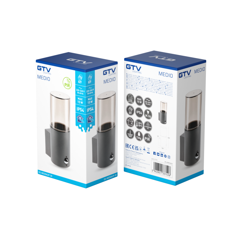 Фасадный светильник с датчиком движения GTV MEDIO-AU PIR 15W IP54 графит OS-MED0AUP-30
