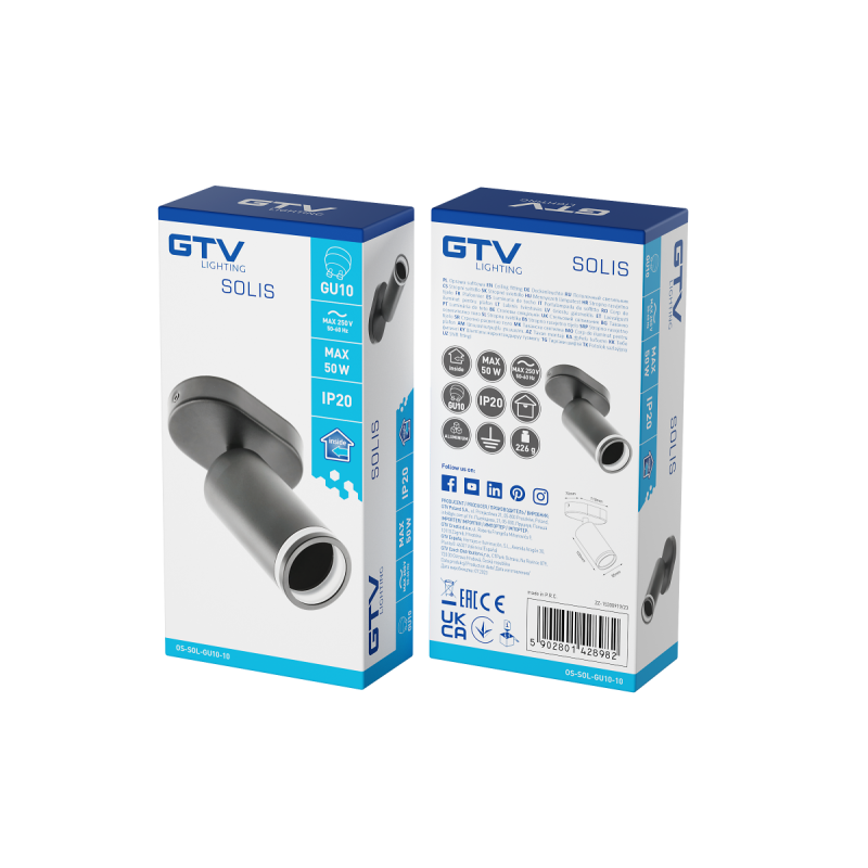 Потолочный светильник спот Solis алюминий 55x100 мм IP20 1хGU10 макс 250 В 50/60 Гц черный GTV OS-SOL-GU10-10