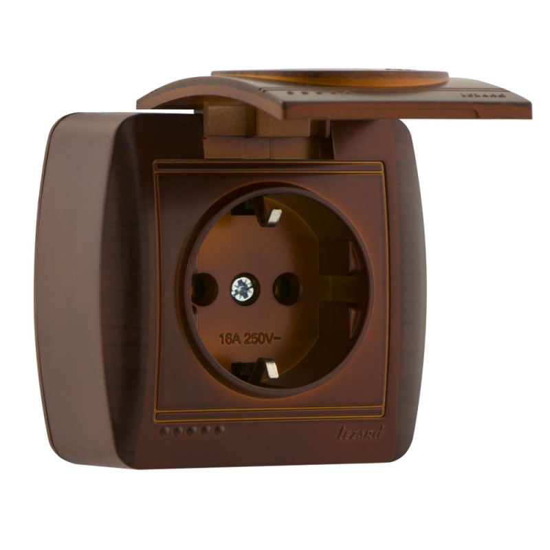 Розетка накладная одинарная с/з та кришкою LEZARD Demet античный кедр IP20 711-0400-123