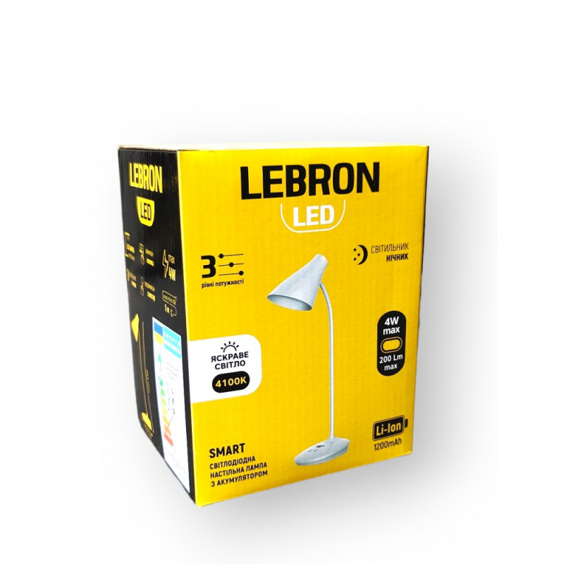 LED лампа настольная LEBRON L-TL-L-48, 4W, 4100K, Li-ion 1200mAh, белая, USB 15-13-48