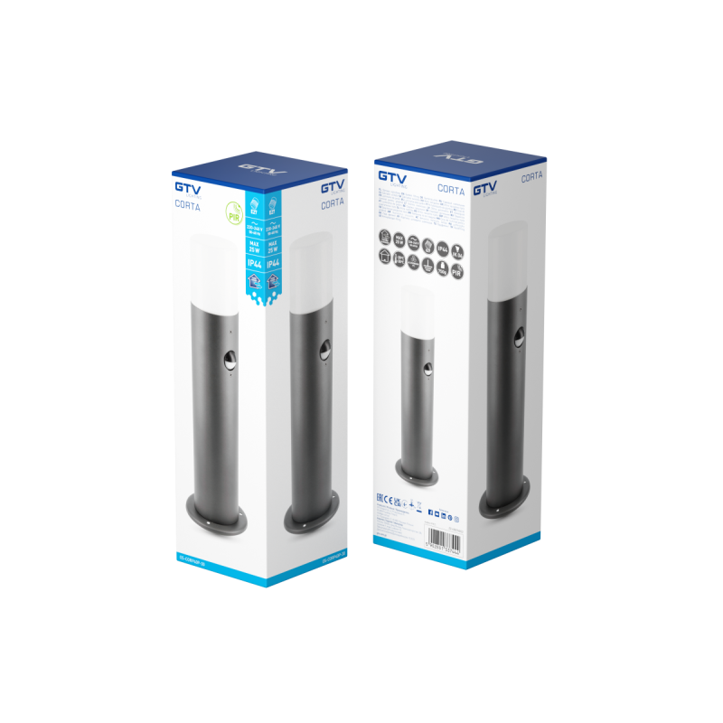 Садовый светильник с датчиком движения GTV CORTA-P PIR 40 E27 25W IP44 столбик, графит OS-CORP40P-30