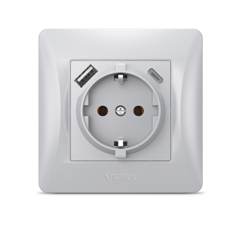 Розетка одинарная с заземлением с USB+USB-C серебряный шелк VIDEX BINERA (VF-BNSK1GUC-SS)