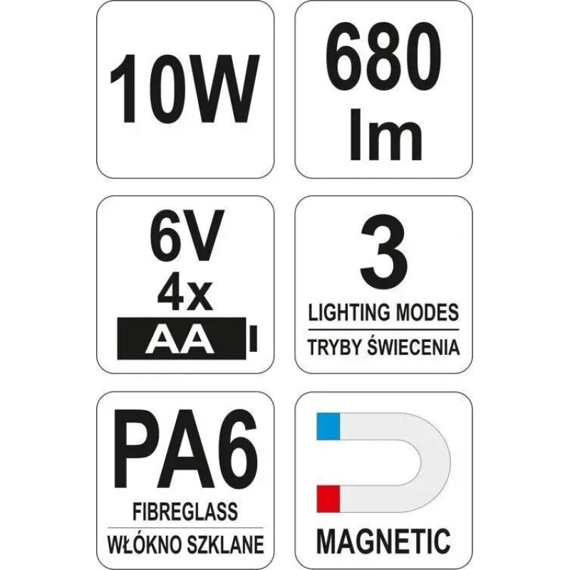 Прожектор диодный, переносной YATO, 10Вт, 680 лм, 3 режима, пит.- 4х АА, 160х120х45 мм, магнит [8] YT-81821