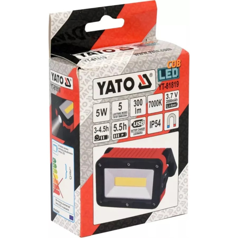 Прожектор с COB-диодным излучателем, переносной YATO: 3.7В 2Агод, 5Вт, 300 lm, 5 режимов +магнит YT-81819