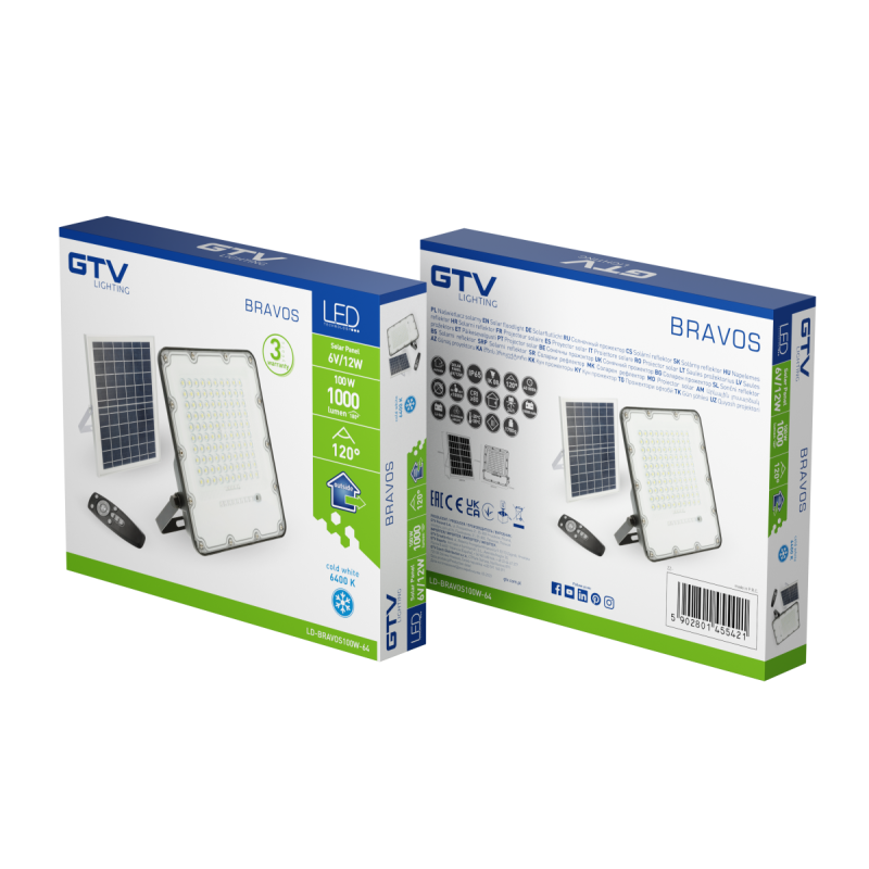 Прожектор светодиодный BRAVOS солнечная панель 100W 1000lm 6400K IP65 пульт GTV LD-BRAVOS100W-64