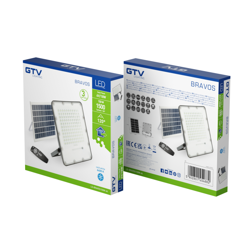 Прожектор светодиодный BRAVOS солнечная панель 150W 1500lm 6400K IP65 пульт GTV LD-BRAVOS150W-64