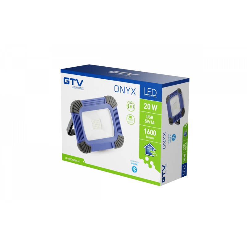Светодиодный прожектор с аккумуляторной батареей ONYX 20 Вт 1600 Лм 6400K USB 5В/1A IP54 GTV LD-OXCX20W-64