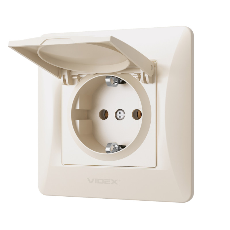Розетка одинарная с/з и защитной крышкой VIDEX Binera крем (VF-BNSK1GС-CR)