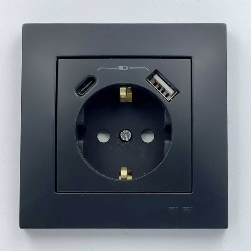 Розетка EL-BI VEGA черный мат 1-я с заземлением + 2USB (Type C+A) ( 510-014800-334 )