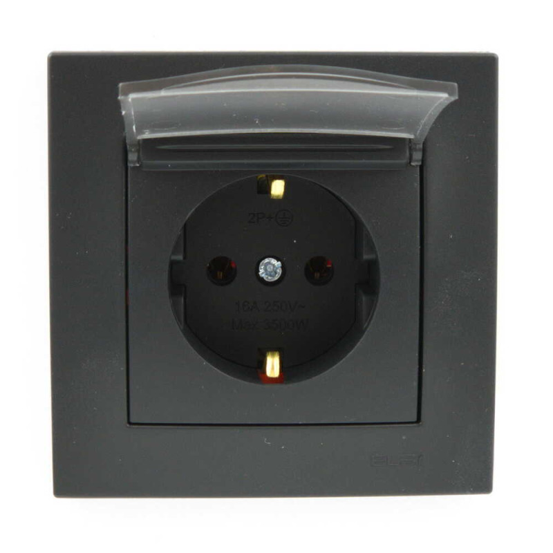 Розетка одинарная с заземлением и крышкой ELBI VEGA матовый черный (510-014800-218)