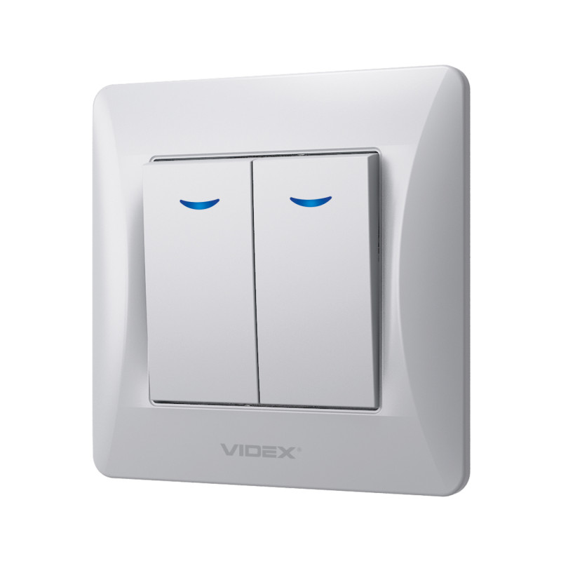 Выключатель двухклавишный с подсветкой VIDEX Binera серебряный шёлк VF-BNSW2L-SS