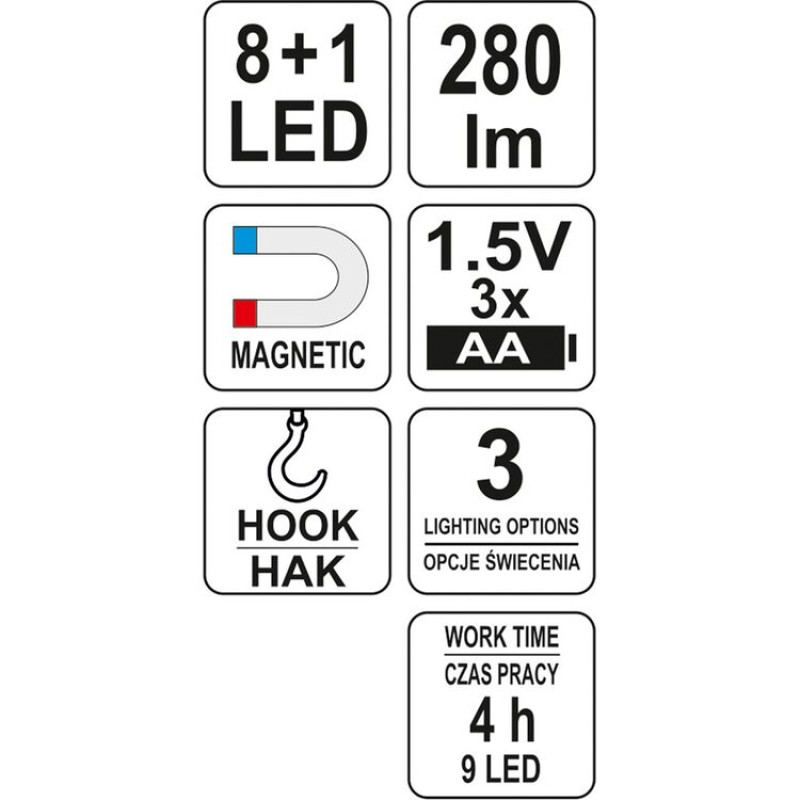 Фонарь LED на батарейки 3X AA, 8+1 диод, крюк+магнит, 3 режима света (YT-08513)