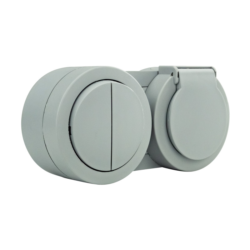 Вимикач 2-клавішний + Розетка з заземленням з кришкою сірий xOne (406-240000-925)