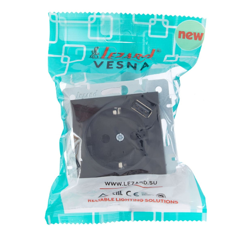 Розетка одинарна з/з з USB LEZARD Vesna чорна 742-4288-181