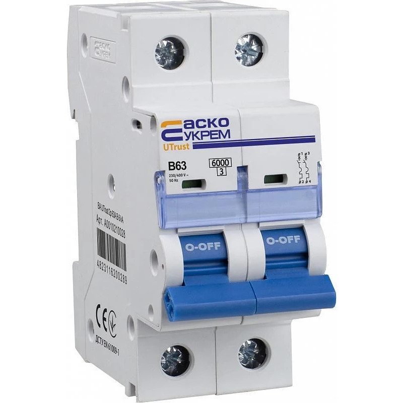 Модульний автоматичний вимикач UTrust 2р 63А B 6kА АСКО (A0010210028)