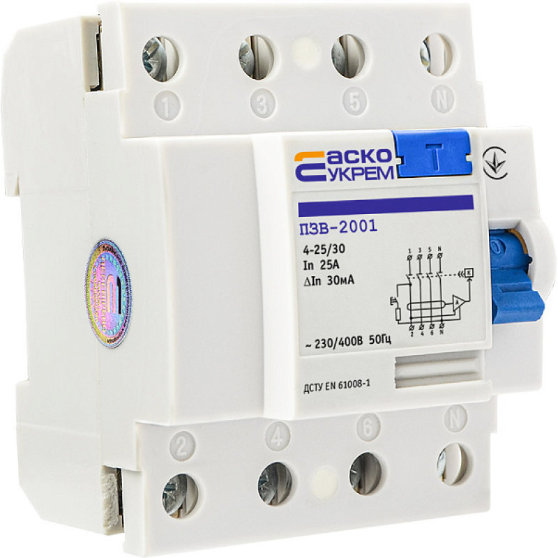 Устройство защитного отключения АСКО-УКРЕМ УЗО-2001 4р 25А 30mA A0020010012