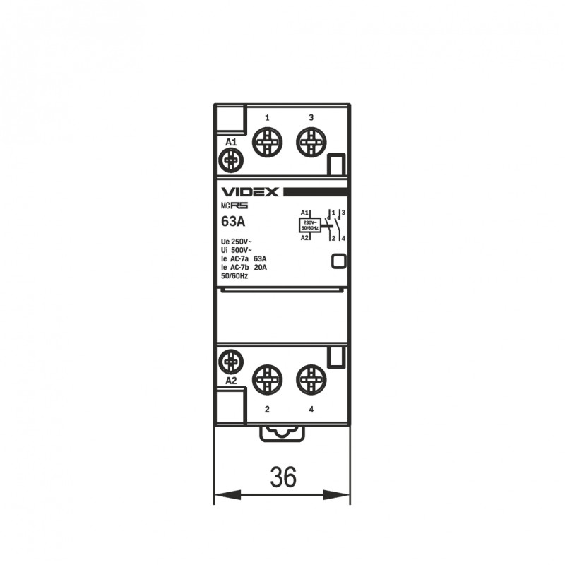 Модульный контактор 2п 63А 2НВ VIDEX RESIST (VF-RS-MC2O-63)