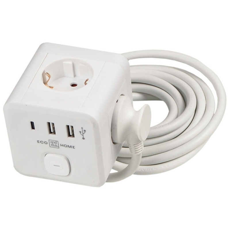 Удлинитель "куб" 3 гн. 3 м с з/к, 2 гн. USB+1 гн.Type C, белый серии Ornat АСКО (ECO019001015)