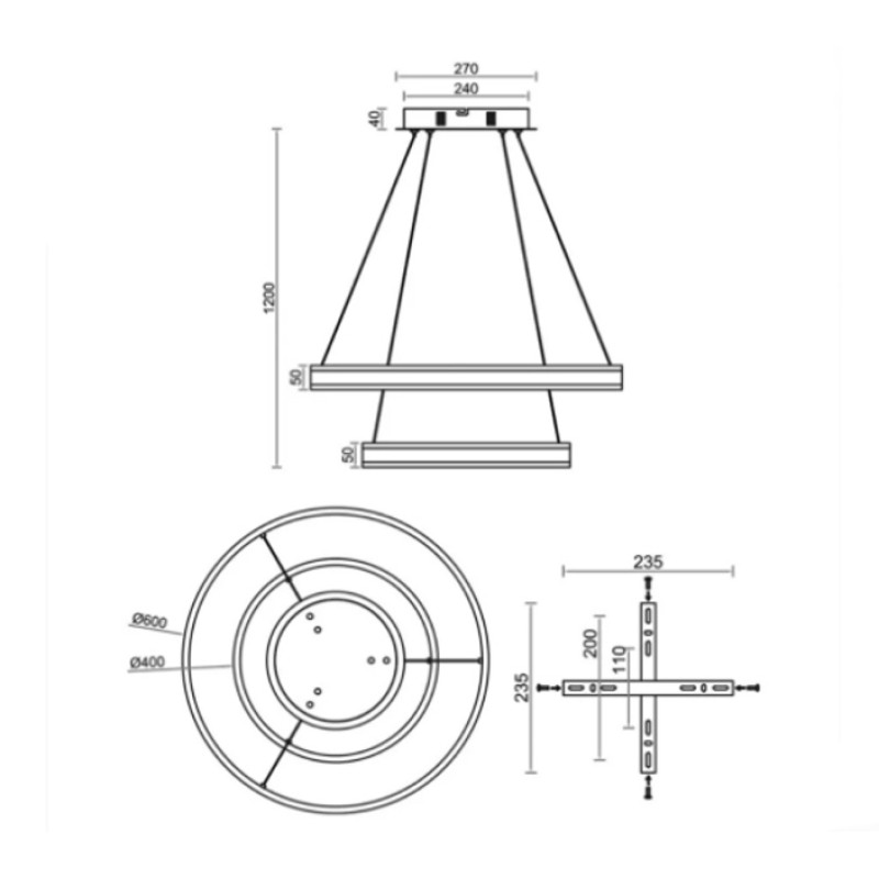 Світлодіодна LED люстра STELLA 160W 2R-APP-600x1200-BLACK-220-IP20 Esllse