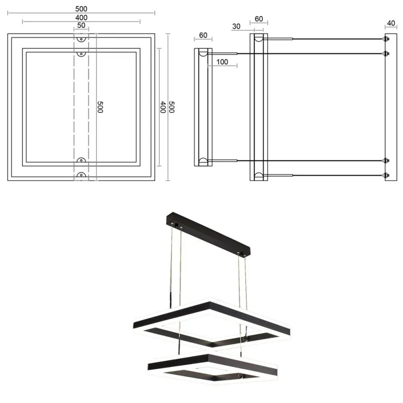 Світлодіодна LED люстра STELLA 180W 2S-SMART-500x500x1200-BLACK-220-IP20 Esllse