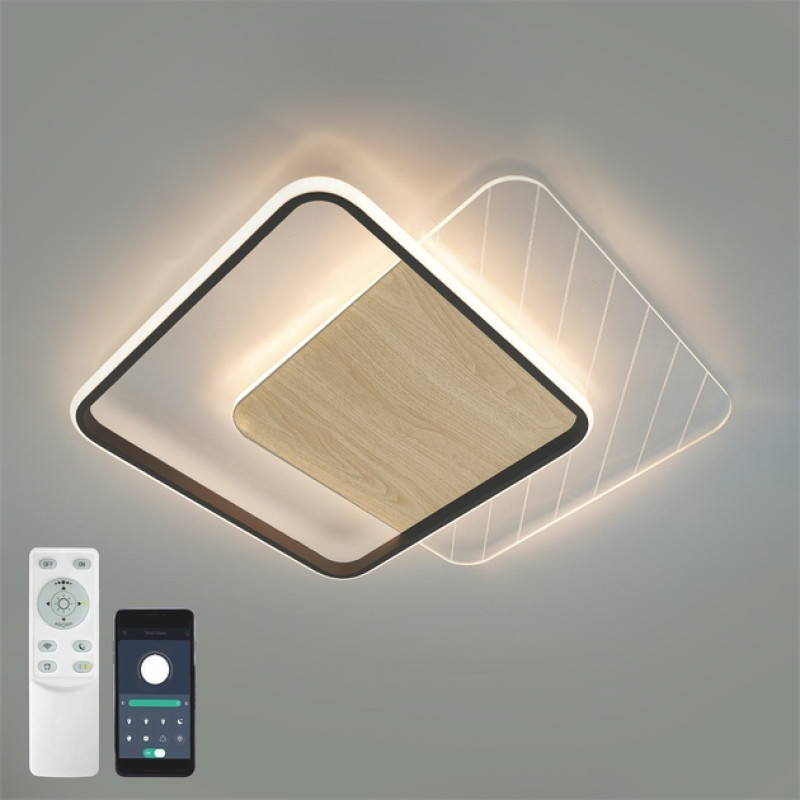 Світлодіодна LED люстра AMATO-60W-2S-APP-505x505x52-BLACK/WOOD/CLEAR-220-IP20 Esllse