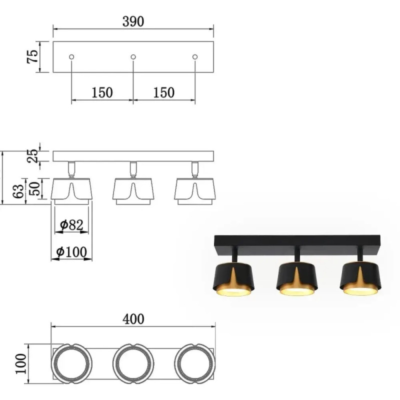 Світильник спот TELA 3xGX53-3R-DL-400x100x135-BLACK/GOLD-220-IP20 Esllse